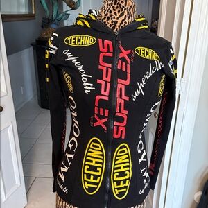 Norma Kamali Super Techno Graphic Zip Jacket L Edgy Logo Stretch
